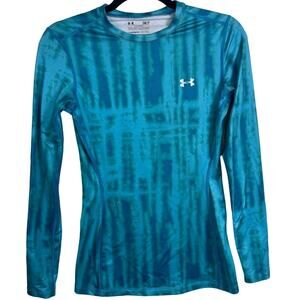 Under Armour Teal Green Blue Tie Dye Fitted Cold Gear Long Sleeve Shirt Small